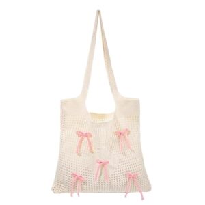PALAY® Tote Bag for Woman Girls Bow Crochet Shoulder Bag Coquette Cute Knitted Women Handbags