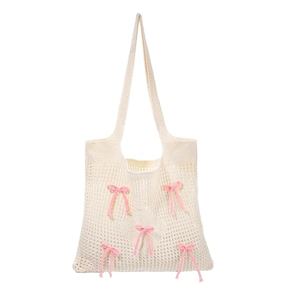 PALAY® Tote Bag for Woman Girls Bow Crochet Shoulder Bag Coquette Cute Knitted Women Handbags