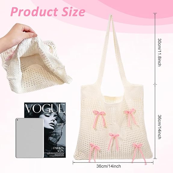 PALAY® Tote Bag for Woman Girls Bow Crochet Shoulder Bag Coquette Cute Knitted Women Handbags - Image 2