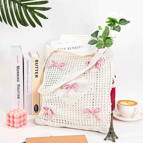 PALAY® Tote Bag for Woman Girls Bow Crochet Shoulder Bag Coquette Cute Knitted Women Handbags - Image 4