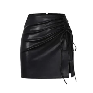 Black Side Gathered Leather Skirt
